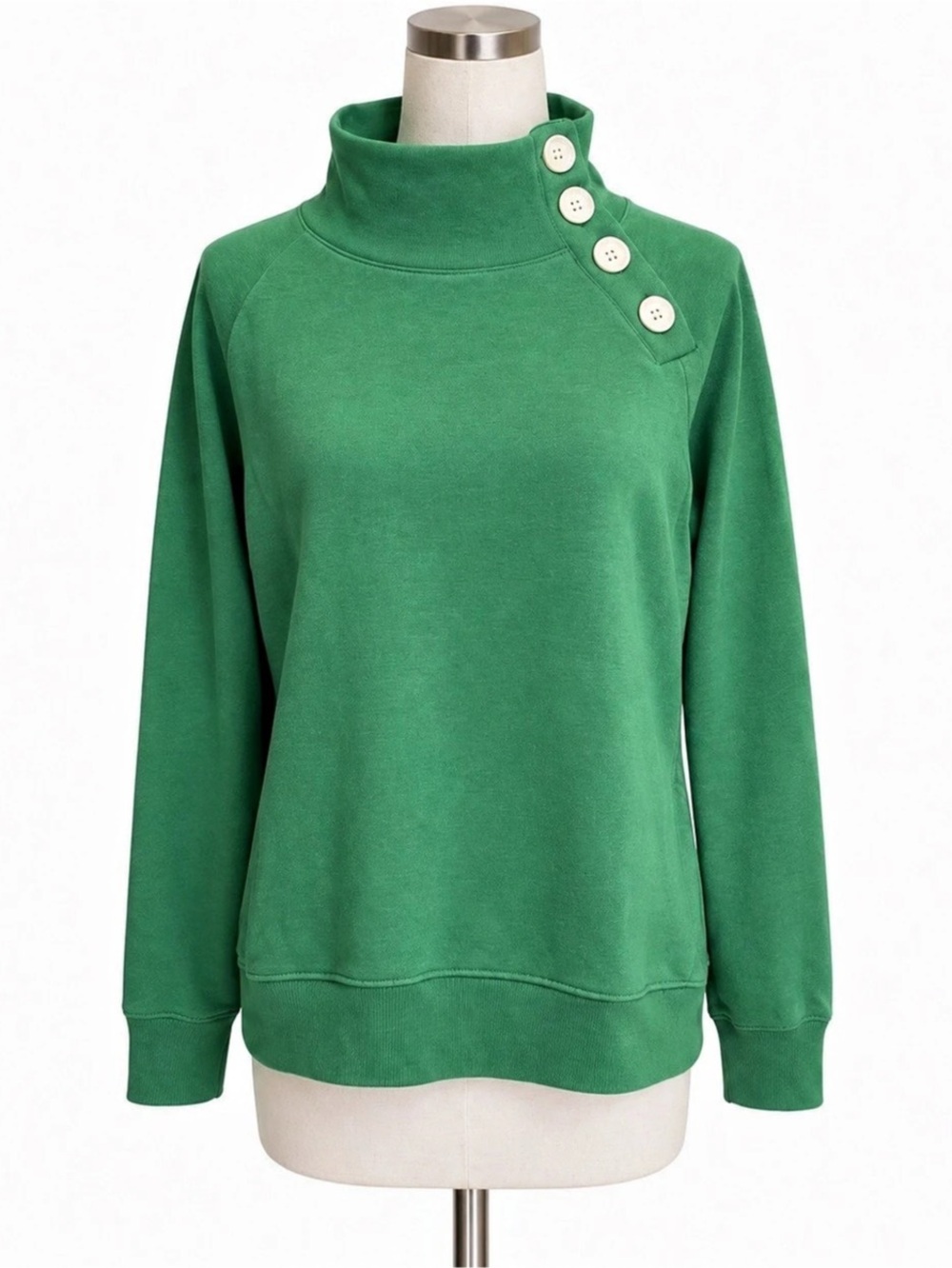 J.Crew Green Funnel Neck Button Pullover Sweatshirt Medium Cotton Blend